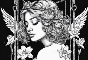 sad angel on swing from behind with head down and face covered by her hair surrounded by lily, daffodil, rose, daisy, narcissus tattoo idea