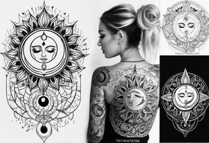 Full sleeve tattoo with large outlines that has the sun and moon intertwined with the 7 chakra symbols that perfectly embodies the divine feminine tattoo idea