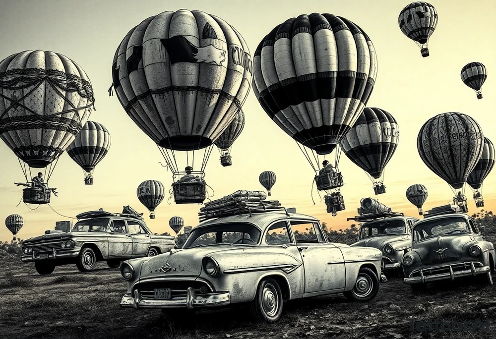 in a very steam punk vibe i want you to make a picture of a bunch of old beat up cars with people lounging in them and garbage and junk all up in and on them, tied to hot air balloons floating in the sky right about dusk and they are as far as the eye can see i want the cars to be floating as if they were the basket to the hot air balloons and the hot air balloons are all different colors and patterns and some are old and patched and i dont want to see the ground at all  i want this to be a scene that is up in the sky with them all floating under the balloons tattoo idea