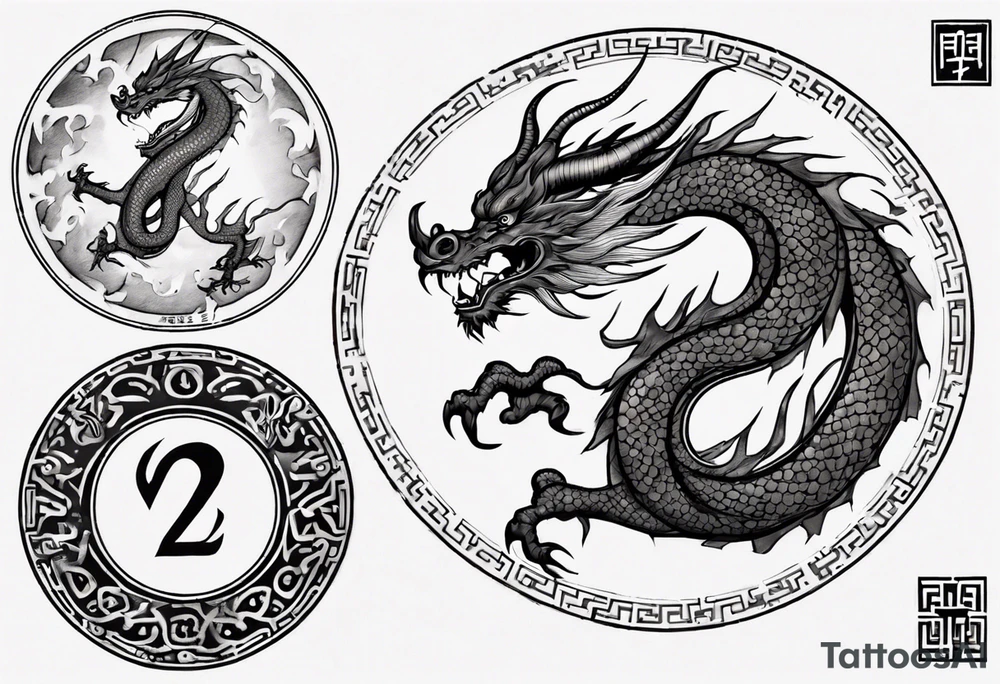 Chinese dragon in a circular shape with "02.03" written on its skin tattoo idea