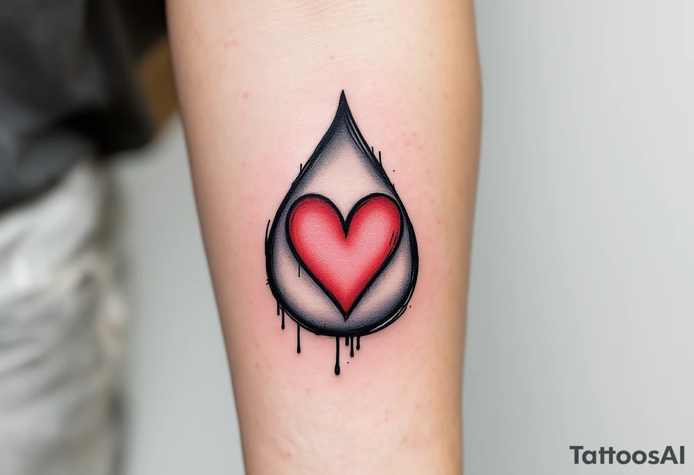A simple, sketched heart inside a small teardrop, with soft shading and small accent lines of red and pink to give the heart a tender, emotional feel. The teardrop itself can be shaded lightly in gray, creating a subtle yet impactful design of love and sorrow. tattoo idea