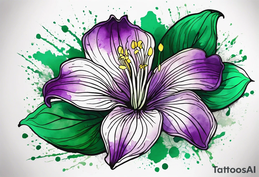 An outline of a rio dipladenia flower with a mystical green/purple watercolor splash in the background tattoo idea