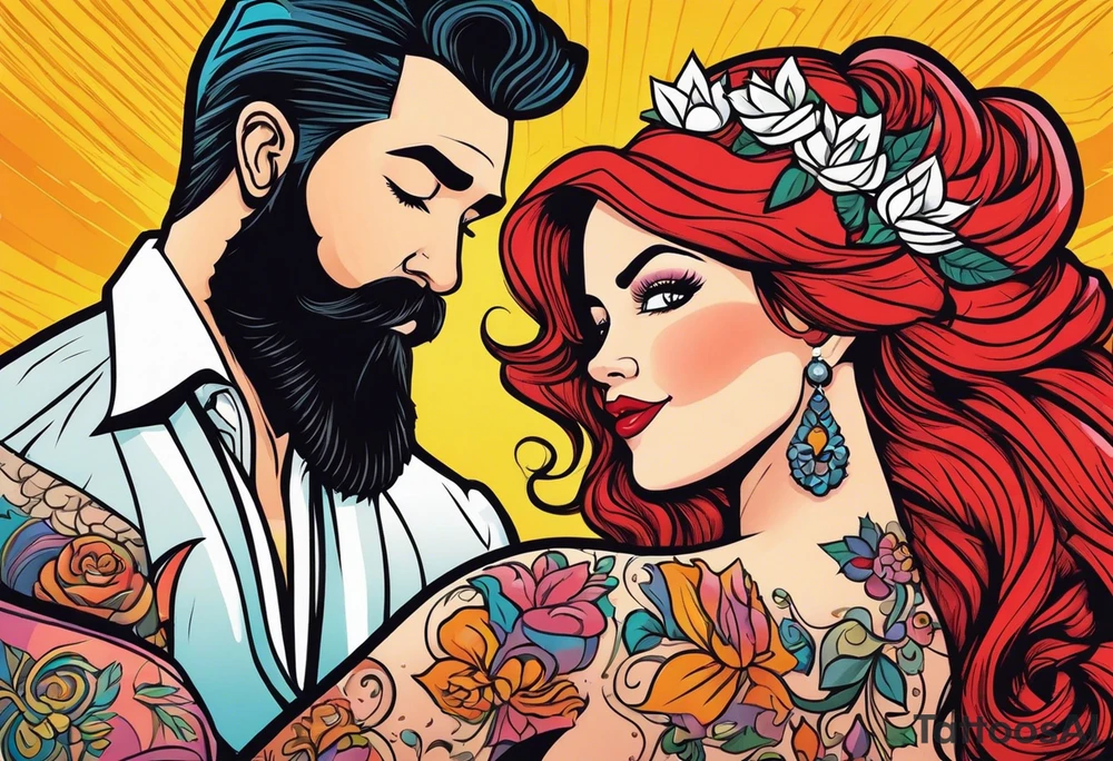 Busty red haired woman with a bearded man who has black hair getting married tattoo idea