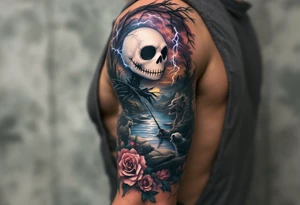 jack skellington fishing at river,smoking, thunder, roses, animals tattoo idea