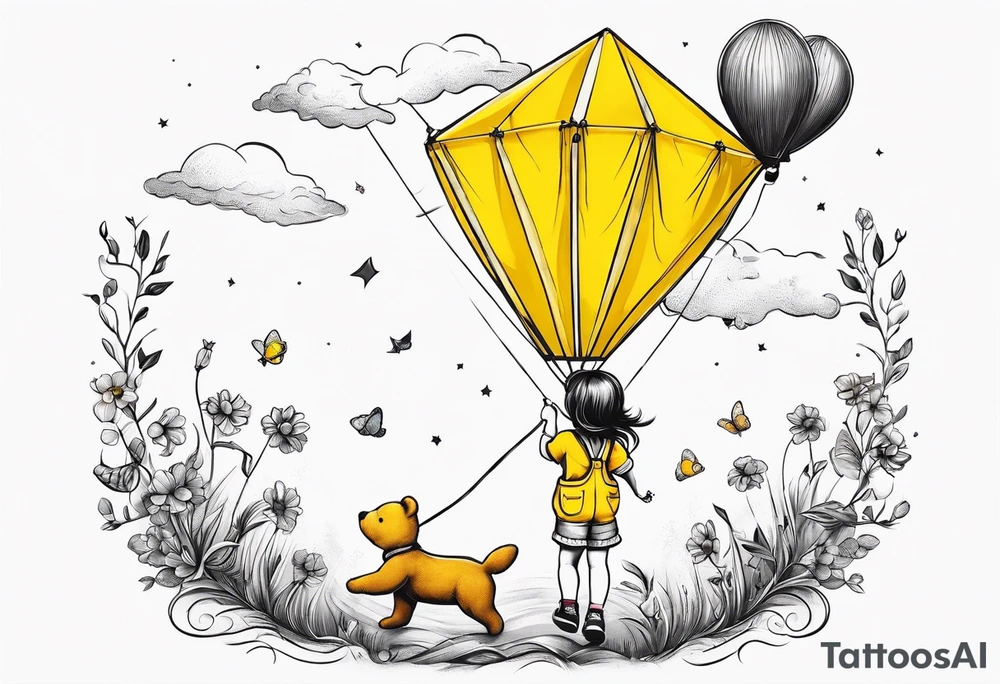 back image of a little girl flying a kite with a teddy bear in yellow overalls beside her tattoo idea
