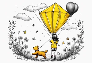 back image of a little girl flying a kite with a teddy bear in yellow overalls beside her tattoo idea