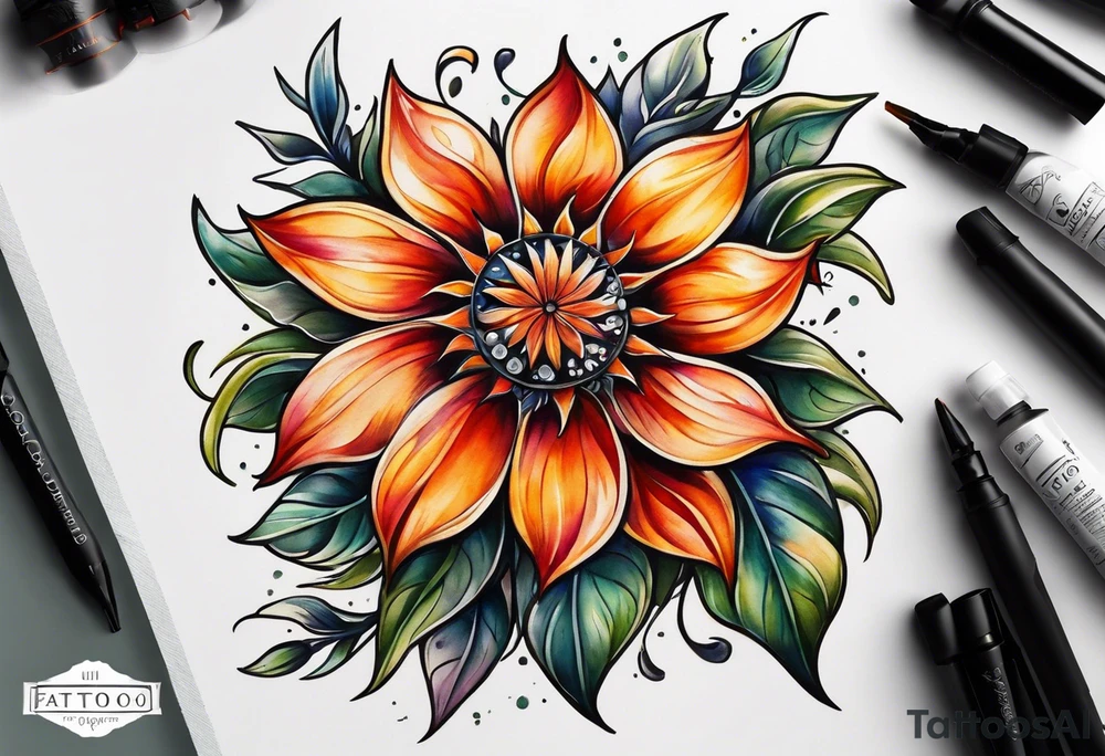 A fire wheel flower with the name Valor in the stem tattoo idea