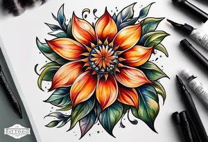 A fire wheel flower with the name Valor in the stem tattoo idea