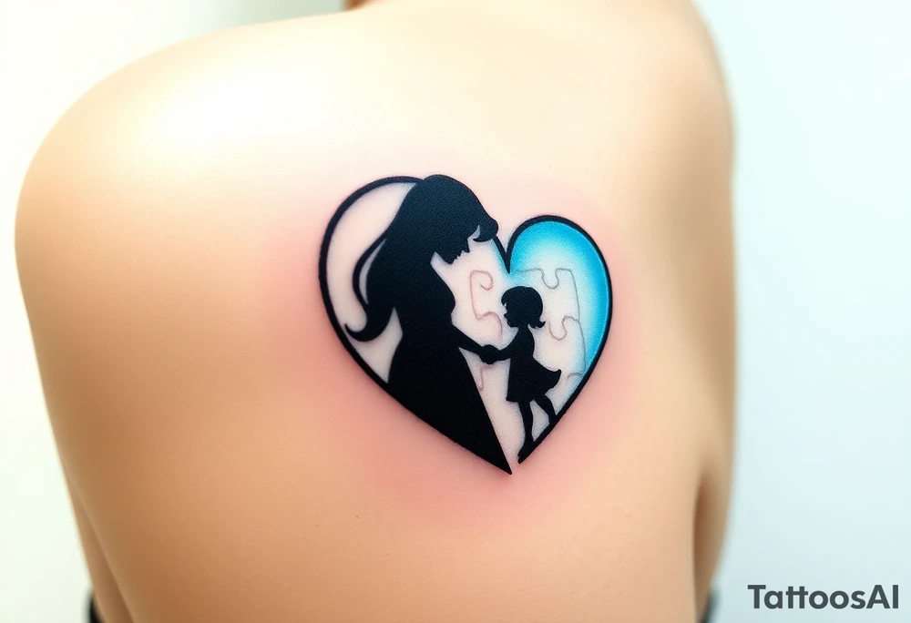 A mother and child shadow inside a heart-shaped puzzle piece, in black and white with a subtle blue glow tattoo idea