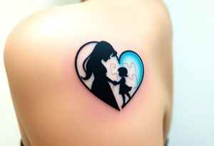 A mother and child shadow inside a heart-shaped puzzle piece, in black and white with a subtle blue glow tattoo idea