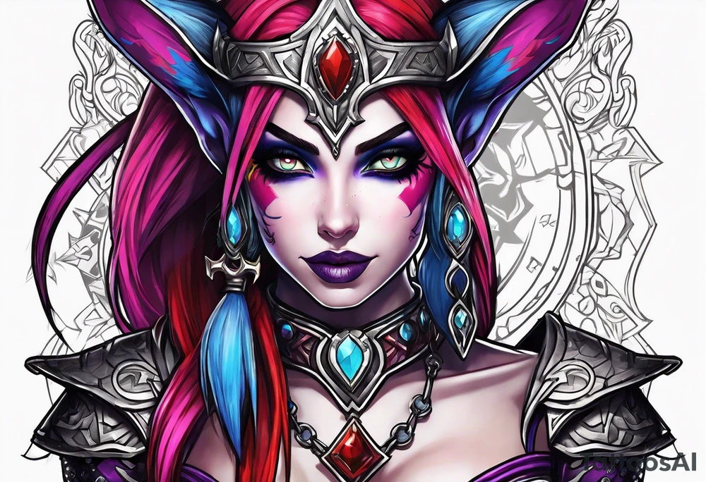 night elf from world of warcraft designed like harley quin tattoo idea