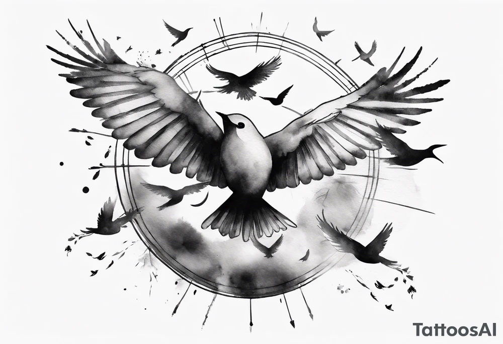 shoulder tattoo with light rays with birds flying free among the clouds, round shape, 3d effect tattoo idea shoulder tattoo with light rays with birds flying free among the clouds, round shape, 3d effect tattoo idea
