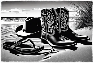 Keep it simple. A pair of mens boots next to a pair of flip flops and a cowboyhat on the Beach. Come on! tattoo idea