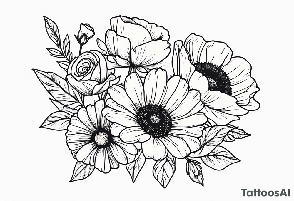 Bouquet of a Daisy, rose and poppy. Masculine. tattoo idea