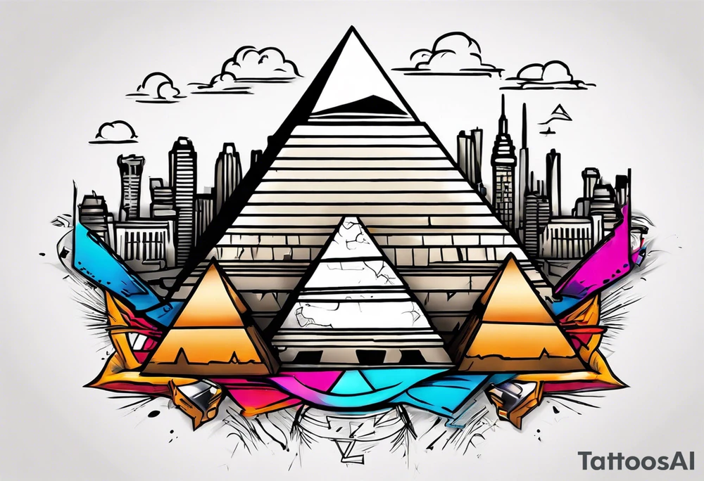 Generate a tattoo design featuring the Pyramids of Giza merging with the Manhattan skyline. Include vibrant colors to highlight both Egyptian and New York elements. Ensure a balanced composition with attention to detail tattoo idea