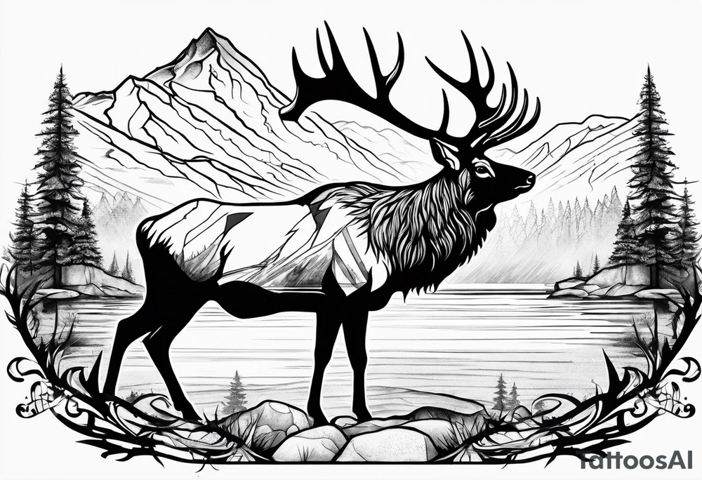 elk with mountains and lake tattoo idea