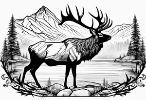 elk with mountains and lake tattoo idea