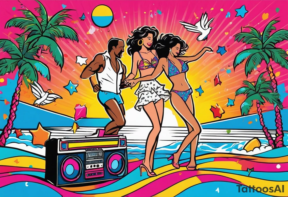 1980's miami vice style beach dance 
party, include confetti, music notes, boom box, bikinis sunset in the center tattoo idea
