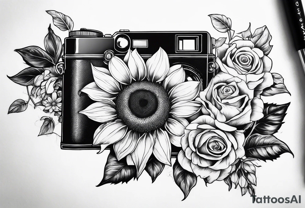 sunflower, camera, fish, flower rose tattoo idea