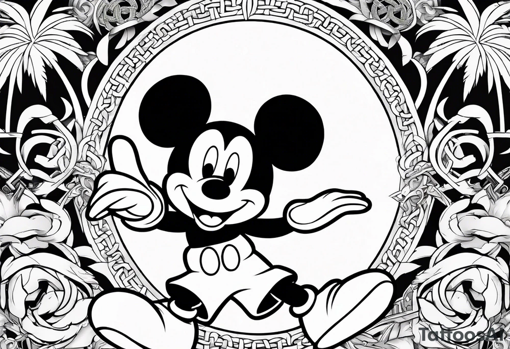 mickey mouse doing martial arts with palm trees, lightning storm and the celtic symbol for family tattoo idea