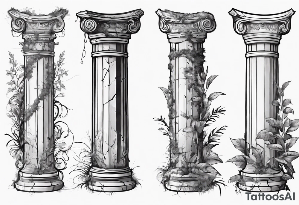 Half of an ancient Roman pillar in the Ionian style. It has a few cracks on it and some overgrown plants at the bottom. tattoo idea