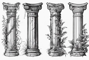 Half of an ancient Roman pillar in the Ionian style. It has a few cracks on it and some overgrown plants at the bottom. tattoo idea