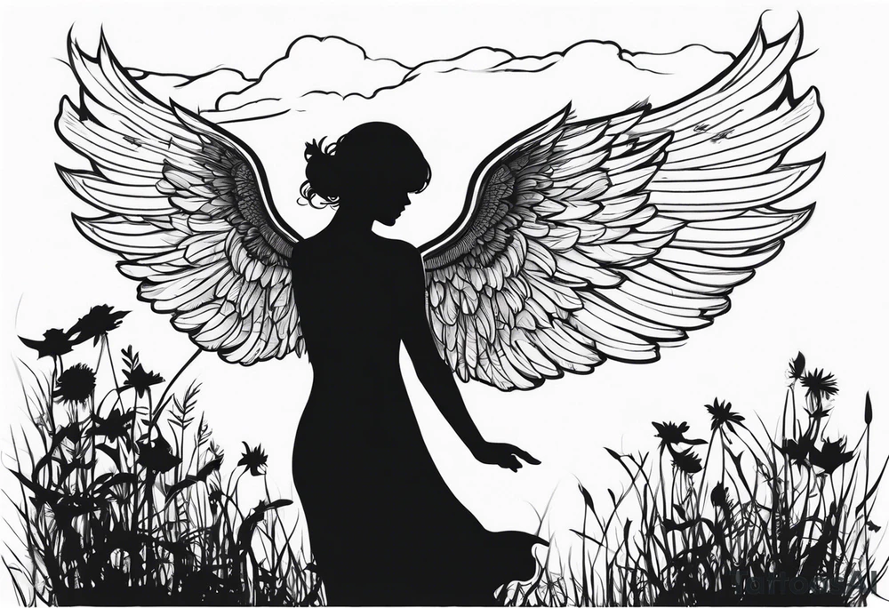 silhouette of a shooting angel from the back from the meadow tattoo idea