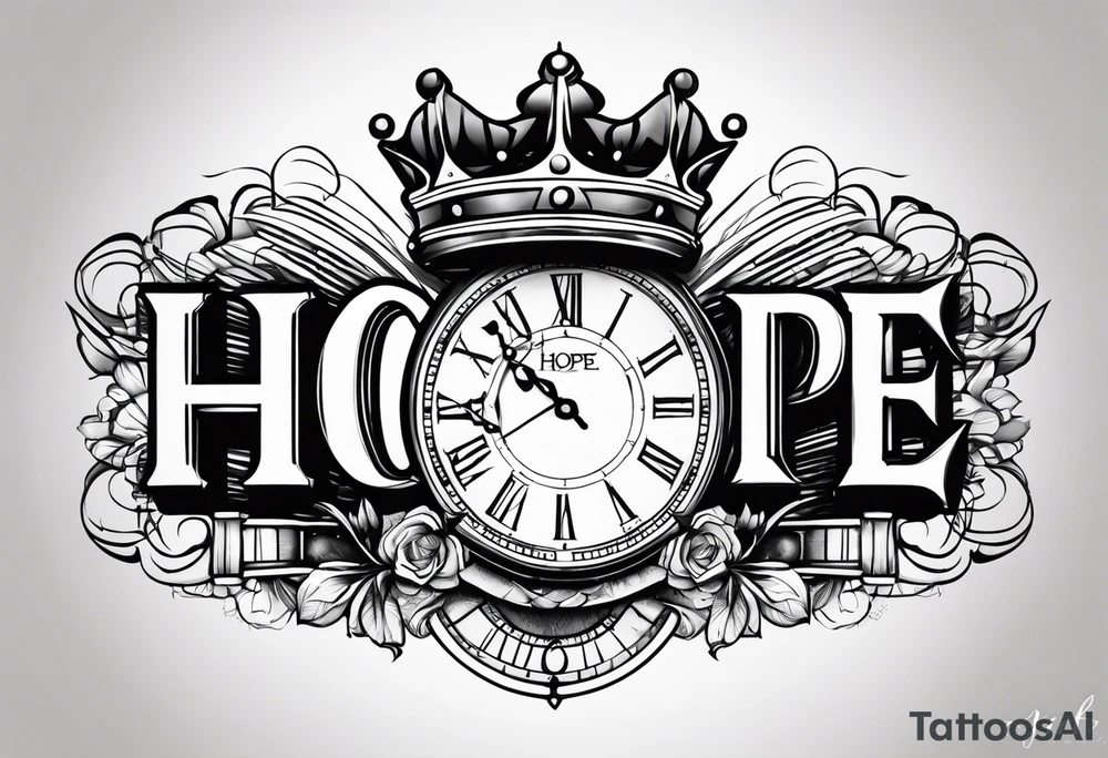 HOPE lettering tattoo, broken clock, king crown incorporated tattoo idea