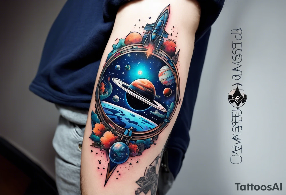 Tattoo featuring space station and water in galaxy colours featuring animals tattoo idea