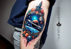 Tattoo featuring space station and water in galaxy colours featuring animals tattoo idea