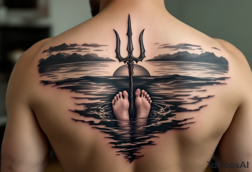 barefeet behind trident half way under water and sunset tattoo idea