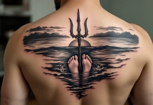 barefeet behind trident half way under water and sunset tattoo idea