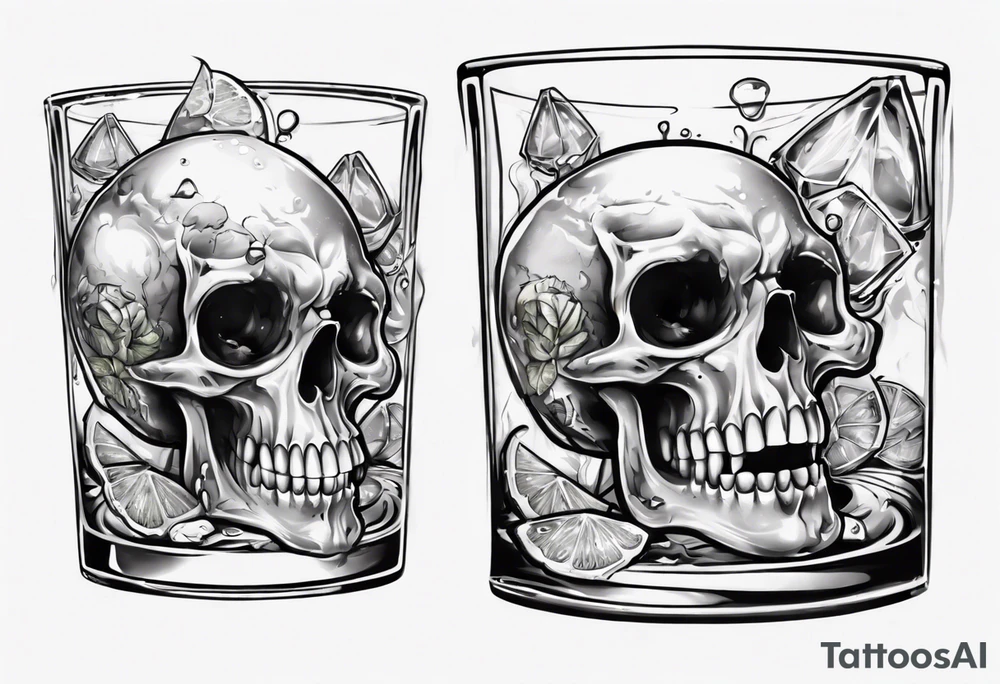 A smiling looking to the left scull inside the glass with alcohol and piece of lime tattoo idea