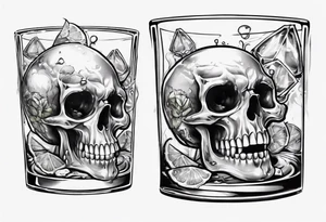 A smiling looking to the left scull inside the glass with alcohol and piece of lime tattoo idea