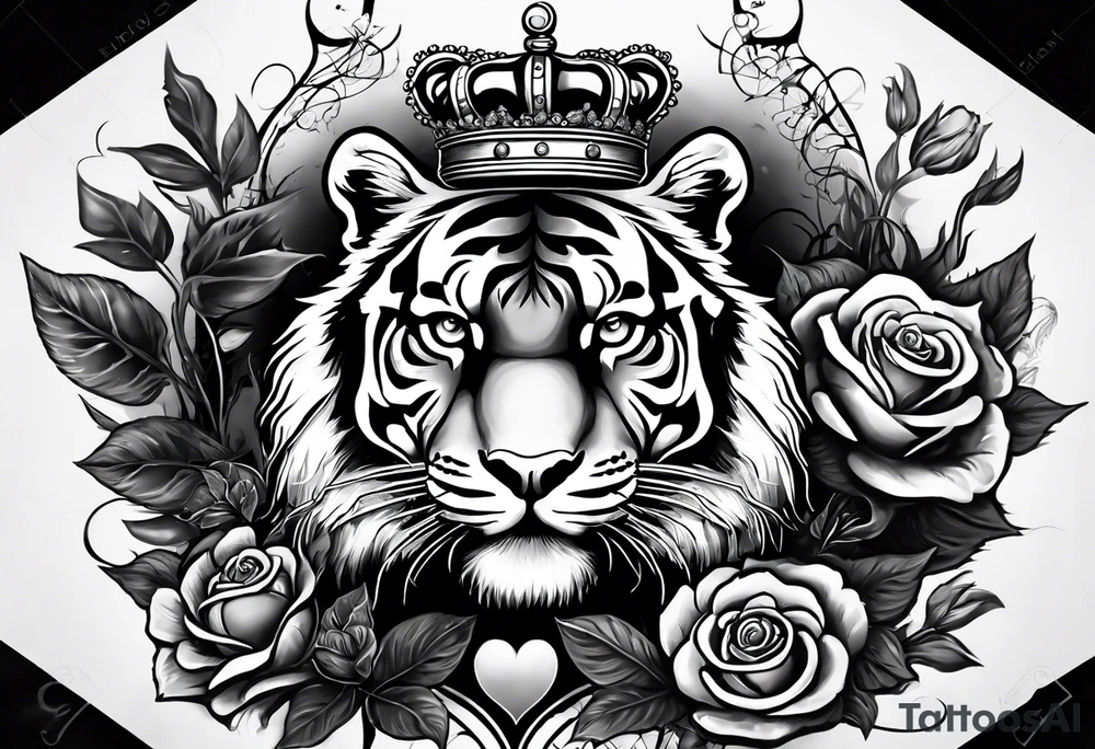 A full sleeve tiger with a crown and third eye with a hour glass instead the hour glass brain cover in in clouds and a heart cover in grass and roots with roses and smoke all over the arm tattoo idea