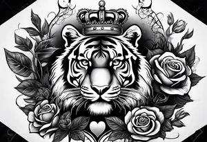 A full sleeve tiger with a crown and third eye with a hour glass instead the hour glass brain cover in in clouds and a heart cover in grass and roots with roses and smoke all over the arm tattoo idea