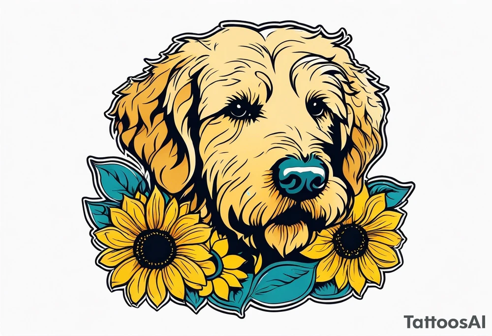 goldendoodle with sunflowers around the dog in color tattoo idea