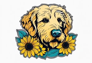 goldendoodle with sunflowers around the dog in color tattoo idea