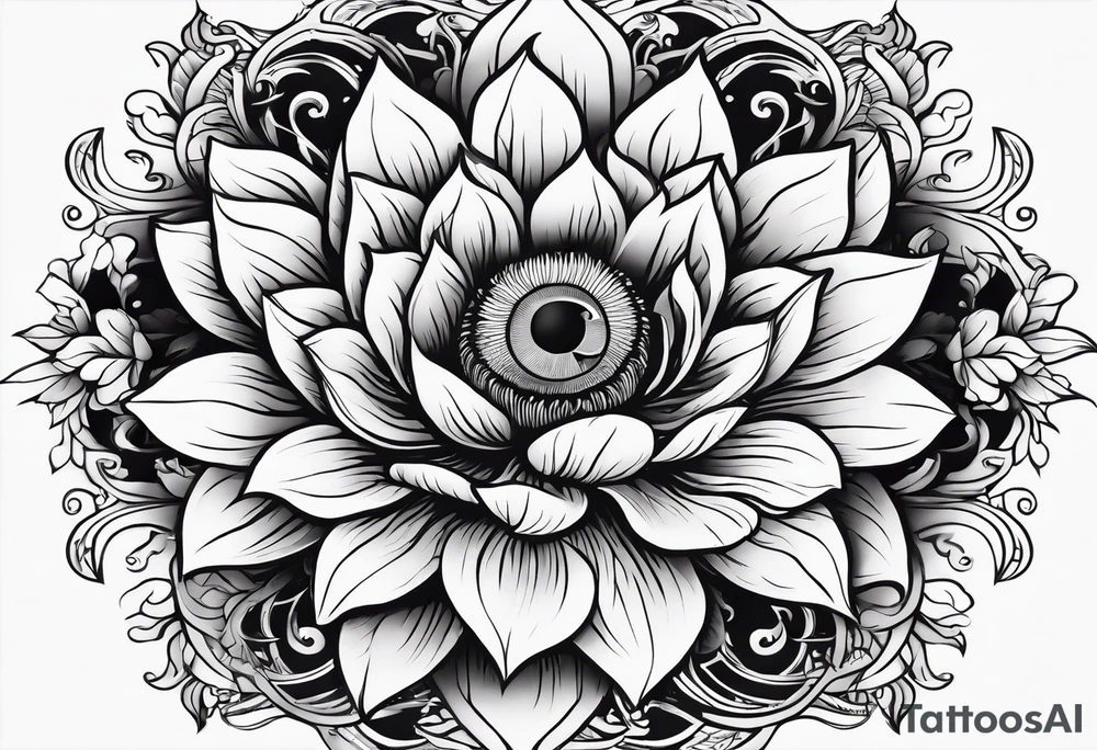 Flower with human eye in the center and petals falling tattoo idea
