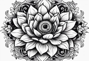 Flower with human eye in the center and petals falling tattoo idea