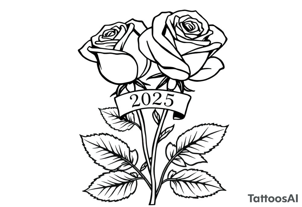 two beautiful large rose buds, one larger than the other, with many leaves next to the rose buds, with one sitting higher than the other. Include a banner connecting the two roses with the year "2025" on it.   Use dark outlines with little shading. The two stems should be short, not long, and connect and join into one stem, whimsically curved or twisted - not straight down. tattoo idea