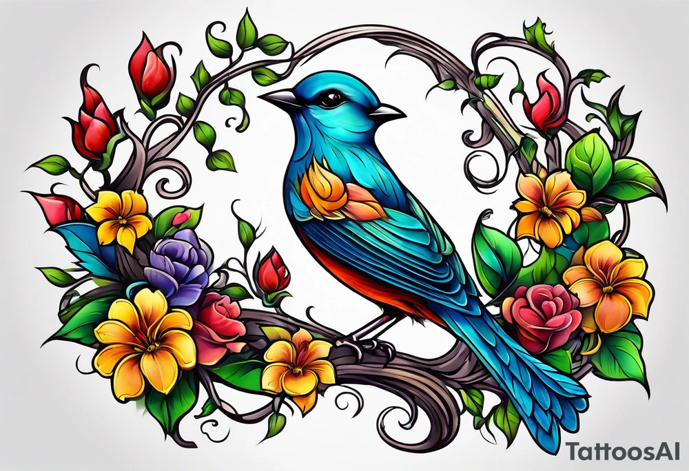 Whimsical birds and vines tattoo idea