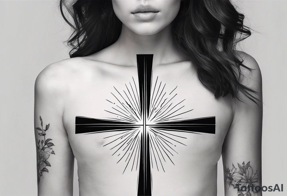 Minimalist Tattoo: A refined cross with a soft halo on top of it, symbolizing light and spirituality. Delicate rays extend outward from the halo, adding a subtle glow and depth. The cross itself is simple and elegant, with potential for small, intricate line details within the design. Style: Minimalist. tattoo idea