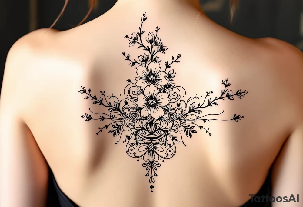 1.	Cherry Blossom Flow (Central Spine): A cascading cherry blossom flowing vertically along the spine to cover the central portion of the existing tattoo. Symmetrical patterns inspired by ornamental designs, with intricate curves and dotwork extending outward from the base of the spine. These elements should balance the floral motif and enhance the lower back area with a decorative, feminine flair.
	3.	Dotwork and Contouring: Delicate linework and dot patterns should be added around the floral design to give texture and seamlessly blend the tattoo with the surrounding skin. The ornamentation should curve naturally along the shape of the body, creating a cohesive, elegant look. tattoo idea