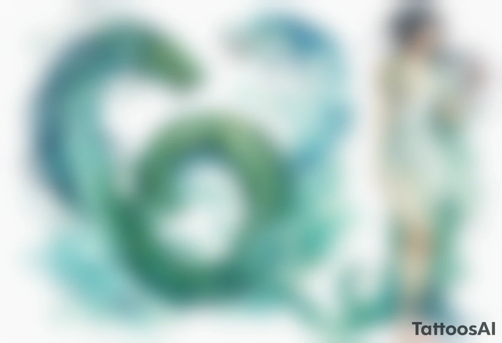 a sea serpent next to a blue-green naiad in a white tunic tattoo idea