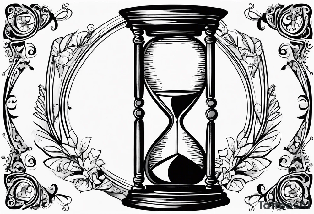 draw a clock/hourglass. They are surrounded by Roman numerals. It is a black and white tattoo for the right shoulder of a man tattoo idea