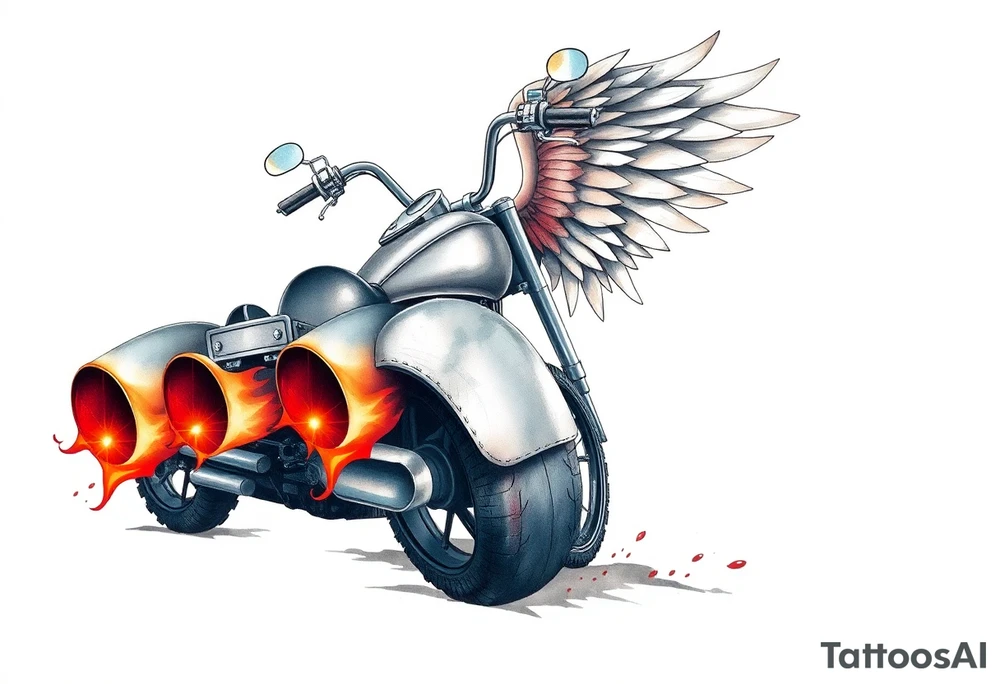 Low rider grey motorcycle, big muffler pipes with flames, angel wings, driving away, no person tattoo idea