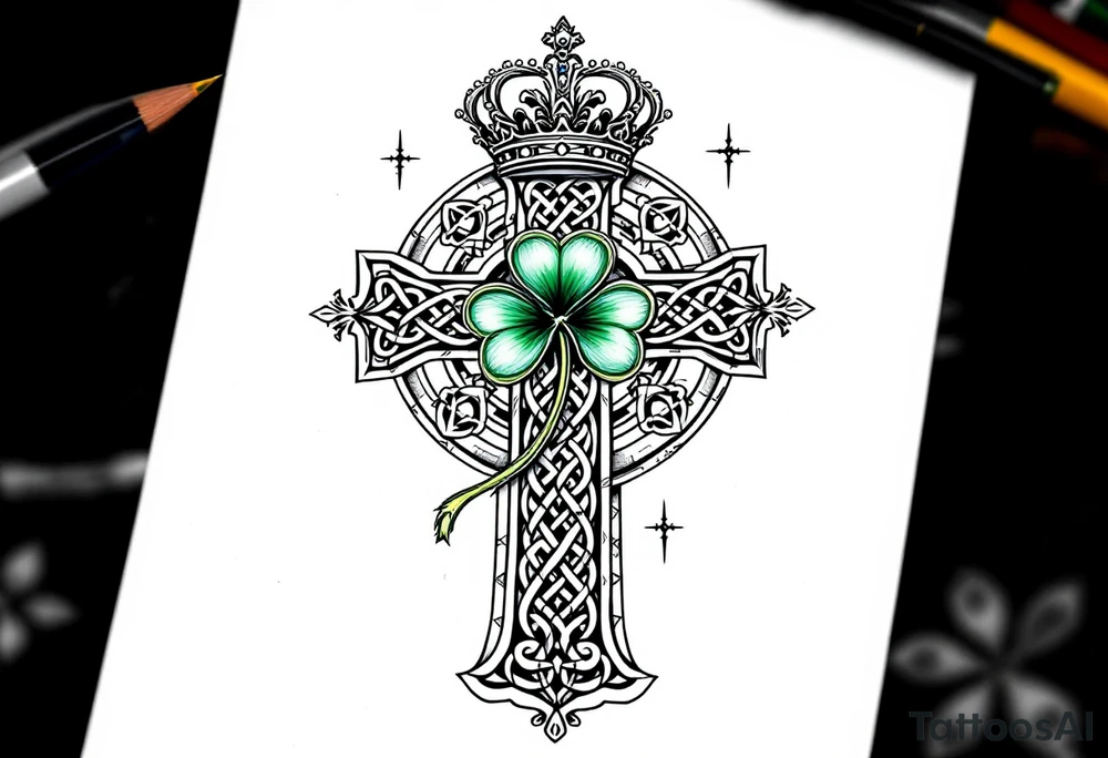 Masculine Celtic cross tattoo featuring intricate knotwork patterns along the arms and base of the cross. At the heart of the cross, place a vibrant four-leaf clover, its leaves shaded with subtle gradients of green, symbolizing luck and unity. Above the cross, incorporate a regal crown adorned with ornate details, such as small gemstones or filigree, to signify authority and strength. Behind the cross add more celtic knots and a celtic tree of life tattoo idea