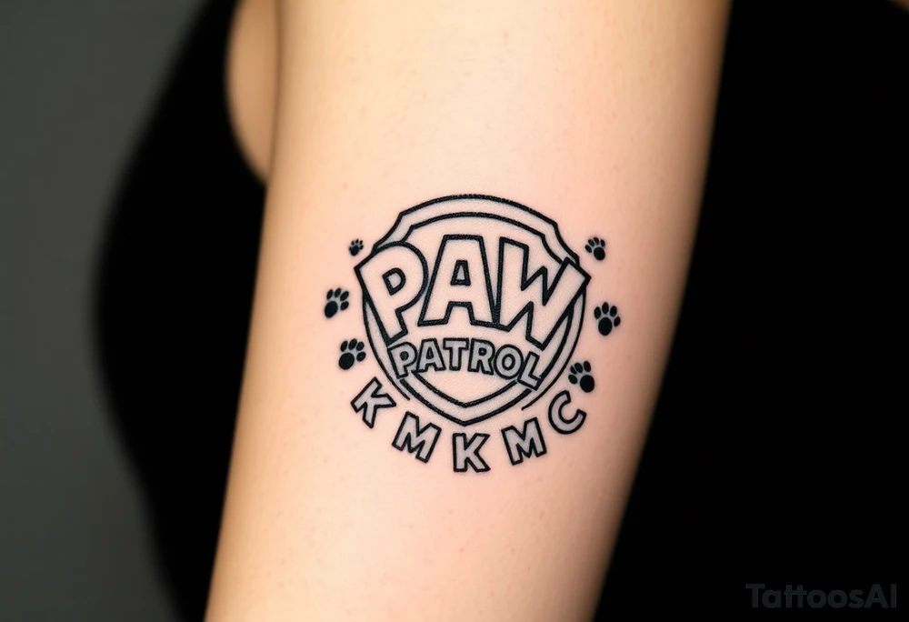 Paw Patrol Badge with footprints chasing letters KMC around the outside staggered tattoo idea