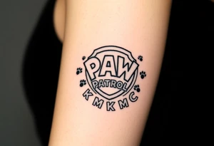 Paw Patrol Badge with footprints chasing letters KMC around the outside staggered tattoo idea